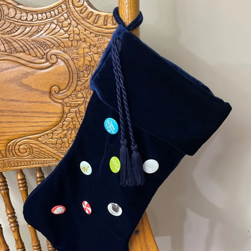 Christmas Stocking Target Dark Blue Velvet with Decorative Metal Buttons Vintage